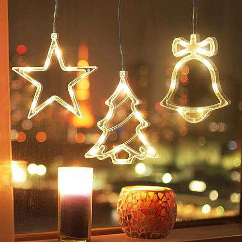 DERAYEE 3 Pezzi Tenda Luminosa Natale,Tenda Catena Luminosa Bianco Caldo,Luci Stringa di Natale con Stella,Albero di Natale,Campane,Decorazioni per Finestra,Porta,Esterno Interno