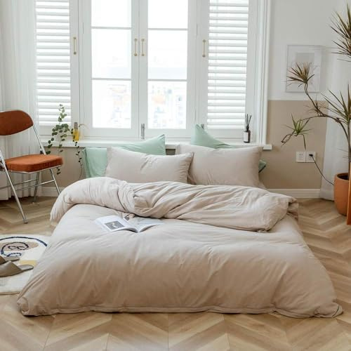AMWAN Set di biancheria da letto in tinta unita color albicocca beige con copripiumino matrimoniale XL grigio talpa kaki in jersey di cotone stile semplice beige marrone chiaro copripiumino