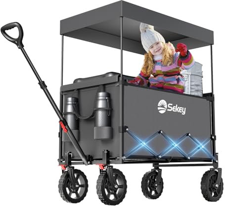 Sekey XXL Bollerwagen Faltbar Kinder 150L 150KG, Faltbarer Bollerwagen mit Dach Klappbarer Handwagen mit Sonnenschutz für Ausflug Strand Camping, S4018, Grau