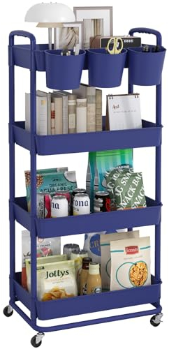 JIUYOTREE Rollwagen mit 4 Ebenen, Kunststoff, mit extra hängenden Tassen, Griffen, abschließbare Räder, für Wohnzimmer, Badezimmer, Küche, Büro, Blau