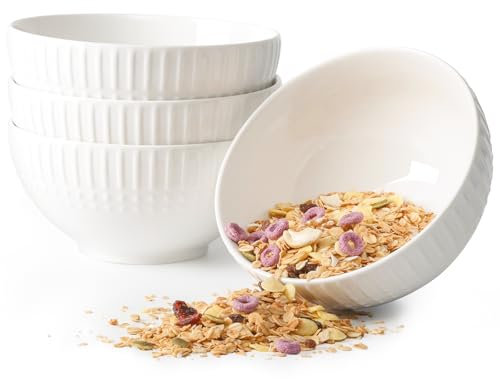 NUTRIUPS 15,5cm Müslischalen 4er-Set, geprägte Suppenschalen, 800ml tiefe Müslischalen, weiße Keramikschalen für die Küche, Servierschalen für das Frühstück, Mikrowellen & Spülmaschinenfest