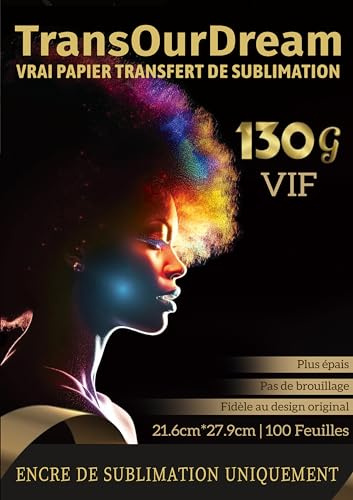 TransOurDream VIVID-Vrai papier sublimation 130g pour t-shirt, tasse et blancs de sublimation (21.6*27.9cm, 100 feuilles), Compatible imprimantes à sublimation, plus épais, séchage rapide FR-VIVID-100