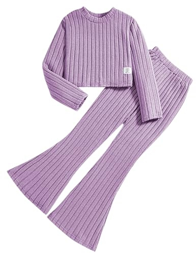2025 - Set di pantaloni a zampa da ragazza, a maniche lunghe, in tinta unita, casual, a maglia, in due pezzi, con fascia elastica in vita, per il tempo libero, per 7-12 anni