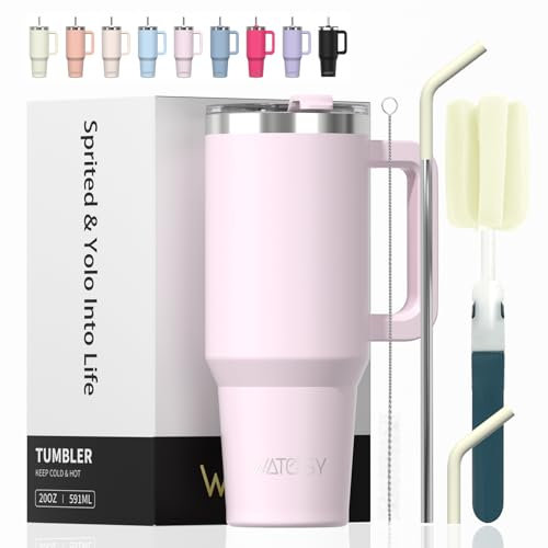 WATERSY 591 ml Vaso Termico con Pajita, Taza Termica de Acero Inoxidable, Termo Viaje para Tapa, 20oz Taza de Café con Asa para Frío y Caliente, Travel Mug (Rose Quartz)