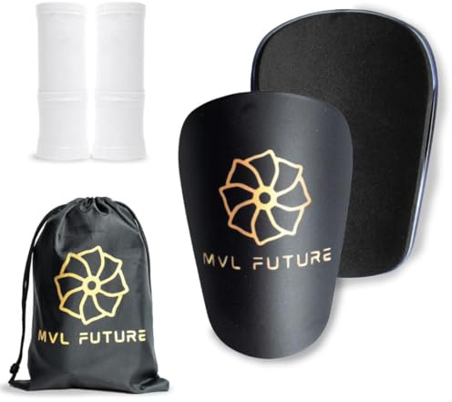 MVL FUTURE® Mini Espinilleras de Futbol + Bolsa Deportiva Almacenamiento + Medias de Compresión | Espinilleras Fútbol Pequeñas para Adultos, Mujeres, Niños y Niñas. (Blanco)