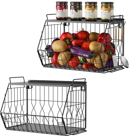 Ezprotekt Frutero, paquete de 2 cestas apilables para frutas con tapas de metal, cesta de frutas para encimera de cocina y organizador montado en la pared para frutas, verduras, patatas, cebollas, pan