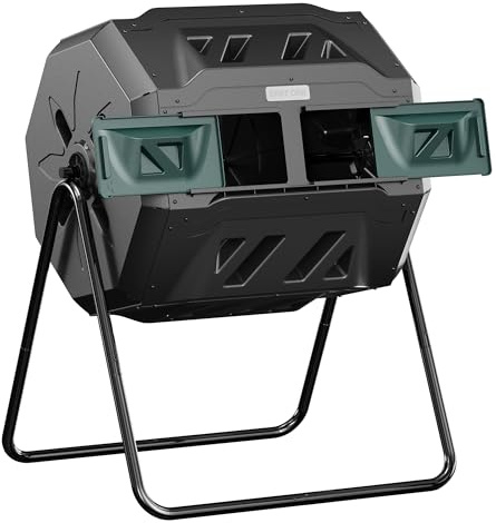 East Oak Compost Tumbler Outdoor, 43-Gal Dual Chamber Compost Bin with 2 Sliding Door and Aeration System, Tumbling Rotating Composter Bin for Garden, Kitchen, Yard