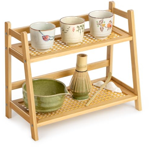 ANBOXIT Rattan-Look Matcha Station Organizer, Countertop Bamboo Tea & Coffee Accessories Station Organizer, 2 Tier Mug Holder Display Stand for Kitchen Condiment, Home, Office