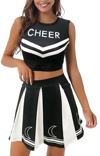 Generisch Disfraz de animadora para mujer, disfraz de animadora, uniforme de animadora, con pompones y calcetines, camiseta de animadora + falda para carnaval fiesta temática