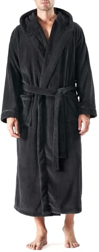 DAVID ARCHY Men's Soft Plush Coral Fleece Robe Full Length Hooded Long Bathrobe for Men with Hood (M, Black)