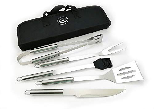 NewlineNY Kit de 5 Outils de Barbecue en Acier Inoxydable : Pince, Fourchette à Viande, Pinceau à badigeonner, spatule, Couteau + Sac de Transport pour Pique-Nique, Camping, Barbecue