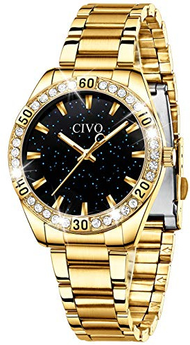 CIVO Montre Femme Acier Inoxydable Or Etanche Celeste Strass Analogique Quartz Mode Entreprise