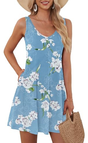 AUSELILY Kvinnors sommar casual T-shirt strandklänningar täcka vanlig klänning veckad linne, Ljusblå blommig, XL