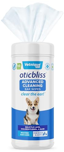Vetnique Labs Oticbliss XL Dog Ear Cleaning Wipes with Odor Control, Dog Ear Cleaning Solution and Itch Relief Reduces Head Shaking for Dogs & Cats - 60ct Extra Large Ear Cleaning Wipes