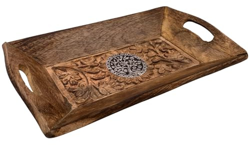 Diko.style® - Bandeja Vaciabolsillos Recibidor Madera Decorativa - Estilo Oriental con budas Decorativos, Elefante Suerte y más a Elegir Porta Chaves -25X15X4 cm (Árbol de la Vida)