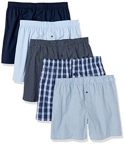 Amazon Essentials Men's Woven Cotton Boxer Short Underwear (Available in Big & Tall), Pack of 5, Black/Blue Stripe/Dark Blue Plaid/Navy/Sky Blue, XX-Large