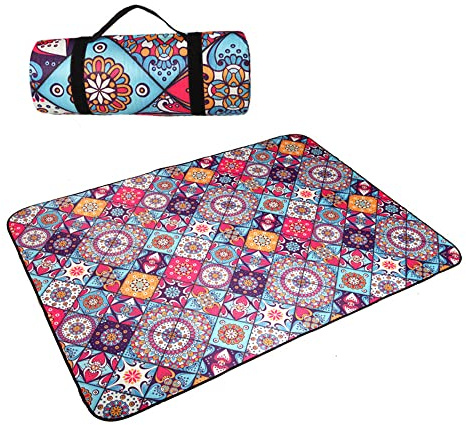 DOTBUY-SHOP Coperta da Picnic Impermeabile Portatile, Antisabbia Coperta da Campeggio Grande Pieghevole Leggero Bambini Come Tappeto da Gioco per Giardino Spiaggia (Blu Bohémien,200x150cm)