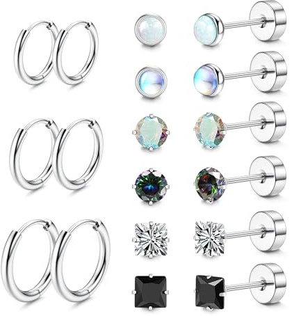 LOFITOR 9Paare Titan Ohrringe für Damen Herren Titanstahl Chirurgenstahl Medizinische Ohrstecker und Klein Creolen Ohrringe Set Hypoallergene 14K Vergoldet Tragus Helix Piercings Ohr Silber