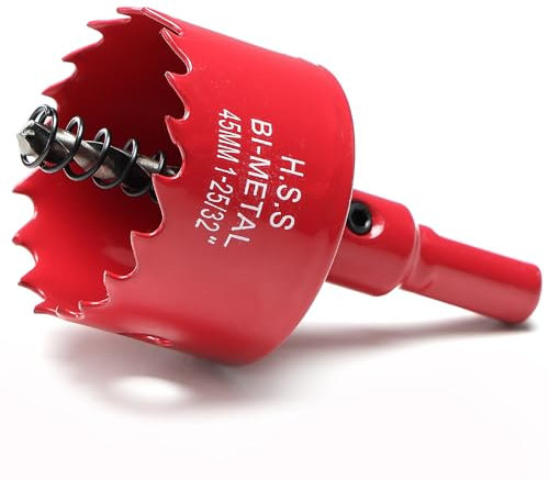 Sierra corona 45mm, bi-metálica sierra perforadora con árbol hexagonal y brocas de centrado, sierra de corona para madera, metal suave, PVC, Rojo