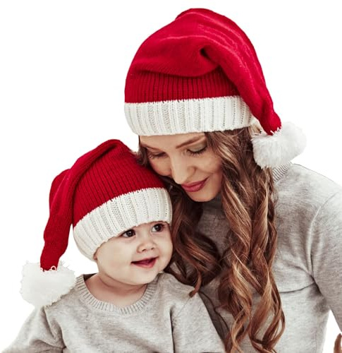 Lancry 2PCS Christmas Hat, Santa Hat, Parent-Child Knitted Xmas Holiday Hat Warm Soft for Adults Kids