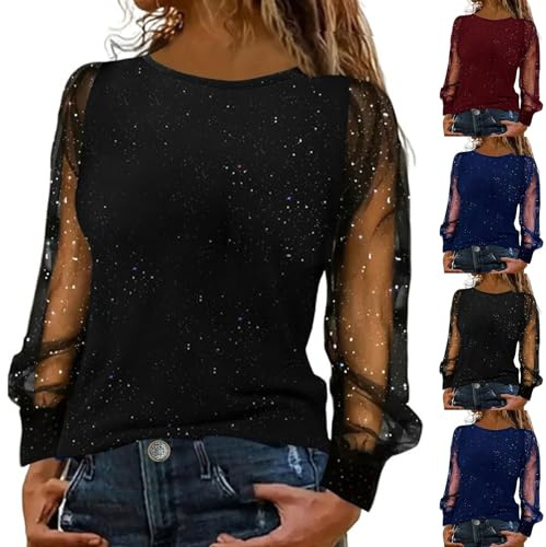 Toppar damer sexig elegant fest: Transparent blus svart långärmad festliga blusar stora storlekar omlottblus glitterskjorta tunika paljetttopp nyårsafton outfit damblus långärmad skjorta, röd, M