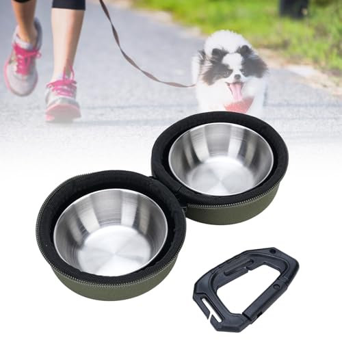 Dog Travel Bag Travel Pet Bag Organizer Stainless Steel Double Dog Bowls Collapsible Pet Food Water Bowls for Outdoors Camping (OD Green)