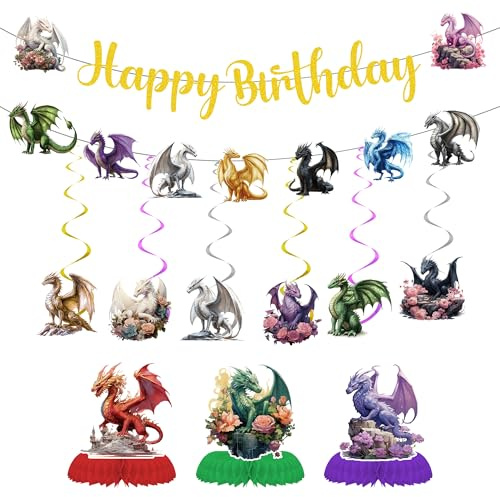 Dragon Birthday Party Decorations Banner - 11 Pcs Glitter Yellow Set | Happy Birthday Banners Cute Dragon Hanging Swirls Honeycomb Centerpieces Decor for Dinosaur Baby Shower Party Supplies