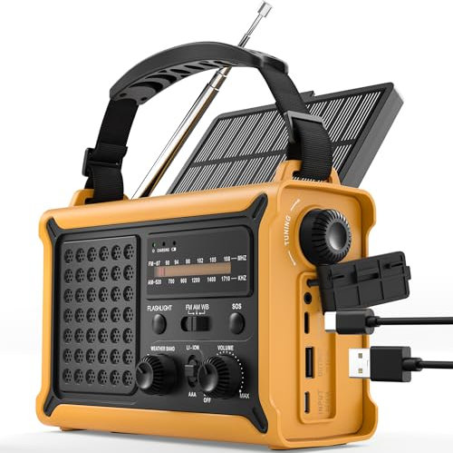 ROCAM FM/AM Wind up Radio Solar, Emergency Survival Radio with 12000mAh Rechargeable Battery, Torch, Reading Light, Type C & USB Charging & SOS for Power Outages & Outdoor Camping