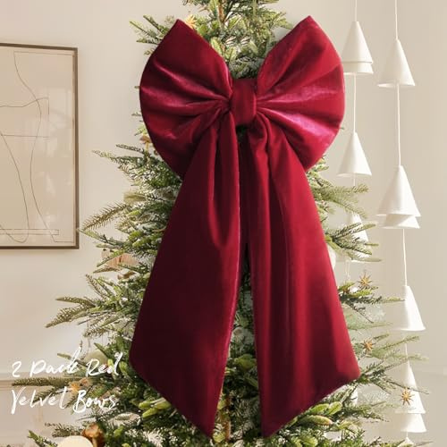Christmas Decorations - Christmas Bows - 2 Pack 36x18 Inches Large Red Velvet Christmas Tree Topper - Burgundy Ribbon Gift Bows - Xmas Decor for Indoor Outdoor Home Wreaths Mantle Front Door Wedding