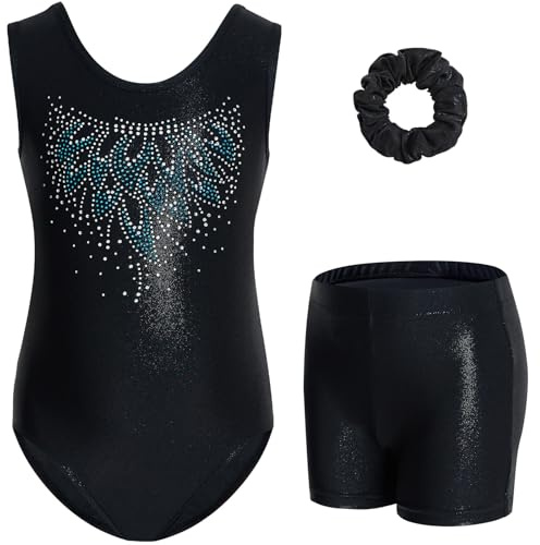 Gogokids Tredelade gymnastiktrikåer för flickor, set med ärmlös trikå, shorts och hårband, glittrande balettdräkter, dansdräkter, gymnastikdräkt med tonad färgdesign, för 3–12 år