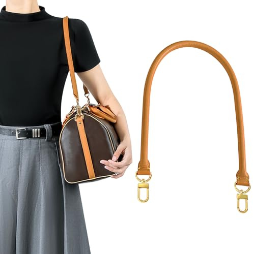 KIYOMIL Genuine Heavily Treated Vachetta Leather Shoulder Short Bag Strap Replacement Fit for Graceful Damier Speedy25/30/35 Brown Rolled Handbag Straps With Solid Brass Hardware(Length:27.5in)