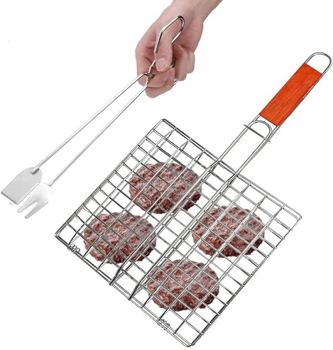 AMZsystems Parrilla de Barbacoa con Pinzas, Acero Inoxidable,25x25 cm, Canasta de Asado Portátil Universal con Mango de Madera para Carne, Pescado, Marisco, Verdura