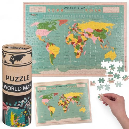 MIJOMA Världskarta pussel 300 bitar – pedagogiskt spel för barn och vuxna – ca. 50 x 35 cm – vintage världskarta – presentidé – pussel i dekorativ pappersrulle – pedagogisk leksak geografi