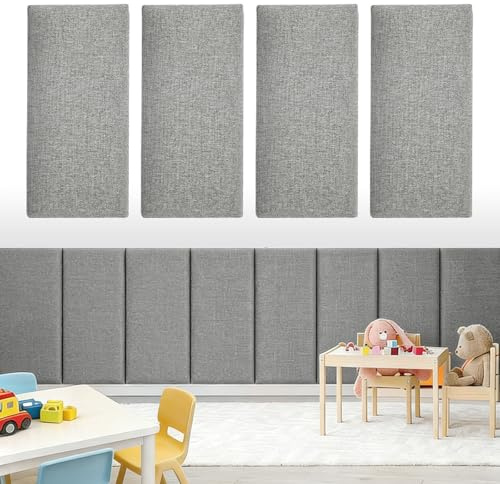 Yunlaishaocer väggpaneler, stoppade set om 4, 40 x 20 cm, självhäftande, rektangulära dekorativa väggpaneler, väggkuddar, väggkuddar för sänghuvuddel, barnrum, sovrum och kontor (ljusgrå)