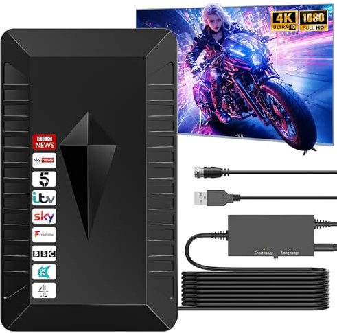 Antenna TV Interna Amplificata Potente e Portatile,650KM+ Antenna Digitale Terrestre da Interno/Esterna Amplificata Potente Supporto 4K 1080p DVB-T/DVB-T2 VHF UHF, Cavo Coassiale 10M