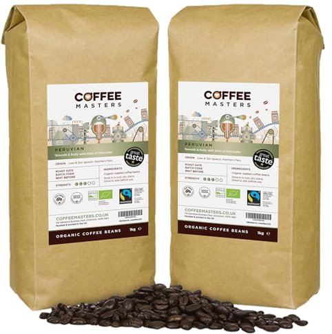 Coffee Masters Peruvian Coffee Beans 2kg (2x1kg) - Organic, Fairtrade, Single Origin, Arabica Bean, Roasted in the UK - Ideal for Espresso Machines - Great Taste Award Winner