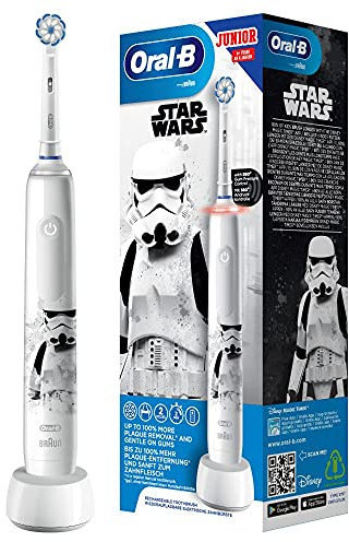 Oral-B Junior Star Wars Elektrische Zahnbürste für Kinder ab 6 Jahren, 360°-Andruckkontrolle, weiche Borsten, 2 Putzprogramme inkl. Sensitiv, Timer, weiß