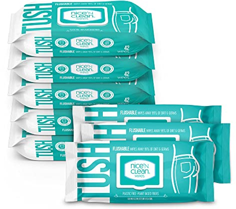Nice 'N Clean Adult Flushable Wipes (8 x 42 Count) | Personal Cleansing Wipes Made from Plant-Based Fibers | Infused with Aloe & Vitamin E