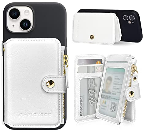 M-Plateau Phone Wallet Stick on, PU Leather Card Holder with Zipper Pocket Compatible with iPhone Case (White)