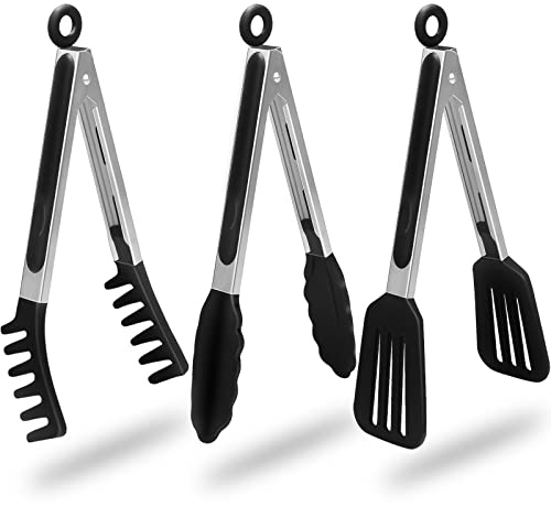 HST Tongs for Cooking with Silicone Tips(3 Pack), Non Stick Kitchen Tongs with Silicone Tip for Cooking BBQ Baking (9, Black)