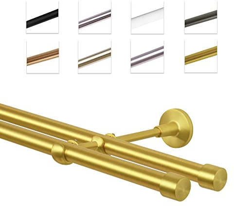 MDEKOR Gardinenstange 420 cm doppelläufig | Vorhangstange für die Wandmontage Messing Gold aus Metall | Gardinenstangenset Ø 19mm