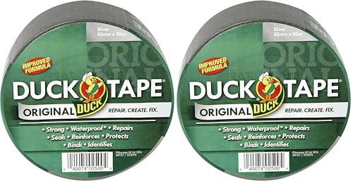Duck Tape Original Silver, 50mm x 50m, Improved Formula High Strength Waterproof Gaffer and Duct Adhesive Cloth Repair Tape (Pack of 2)