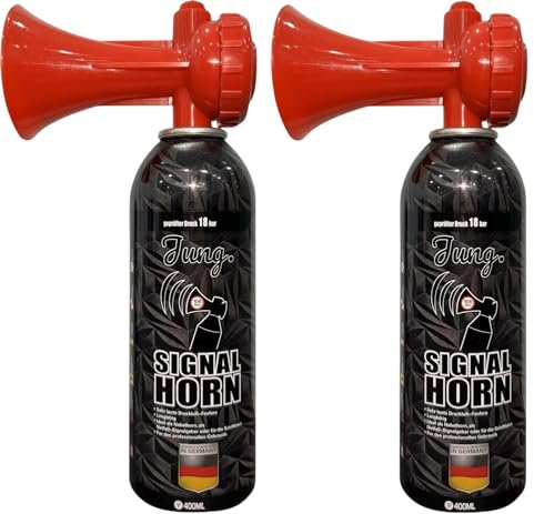JUNG VA2 Druckluftfanfare Air Horn Profi Qualität 2x400ml, 150 lange Signale, Fanfare Sportveranstaltung, Europameisterschaft, EM WM, als Warnsingnal, Hupe Tröte Drucklufthupe Gashupe Fantröte Airhorn