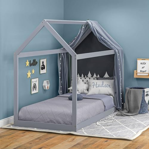 HOMCOM Single Bed Frame, House Scandinavian Style Wooden Bed Frame for 90W x 190Dcm Mattress, Pine Wood Bed Base, Grey