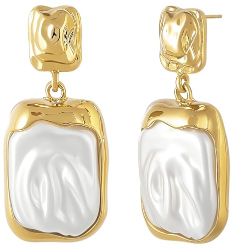 Yowivon Pärldroppörhängen barock 14K guldpläterade hängande uttalande örhänge stora pärlor örhängen allergivänliga mode smycken bröllop brud present till kvinnor, Medium, Aluminiumlegering, Ingen