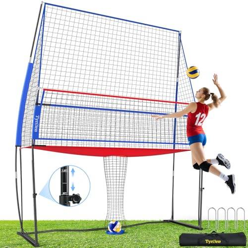 TYRSEN Volleyball Practice Net with Ball Return System, Height Adjustable 6.5-8FT, 11*8FT Portable Volleyball Training Equipment for Serving, Spiking, Solo & Team Drills, Indoor/Outdoor Use, RED&BLUE
