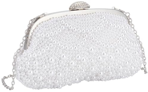 WEBEEDY Weißes Perlen Damen Clutch Für Die Braut 24x14.5cm Klein Elegant Handtasche Frauen Hochzeitsclutch Perlenhandtasche Mit 2 Ketten Für Abendtasche Tanzparty Datum Reise Geschenk Für Hochzeit