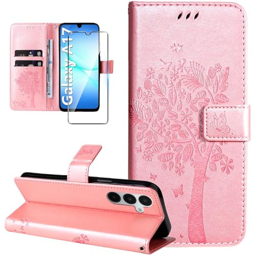 Dcjlbo Coque pour Samsung Galaxy A17 4G/5G Antichoc Etui Protection-Or Rose | Étui avec Verre Trempé Motif Porte Carte,Portefeuille Cuir Housse Rabat,Support Réglable Antidérapante à Rabat Pochette Case