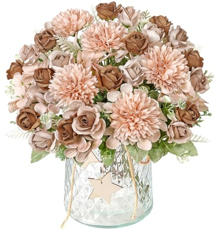 DEMIUKO 4 paquetes de flores artificiales de hortensias, flores artificiales como el otoño real, ramo de flores de color marrón, rosas artificiales, flores de seda, decoración para bodas, fiestas