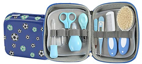 Kit portátil de aseo para bebés 9 en 1, cuidado de seguridad con aspirador, cortaúñas, lima, cepillo electrónico, peine, tijeras, cuentagotas y estuche de almacenamiento